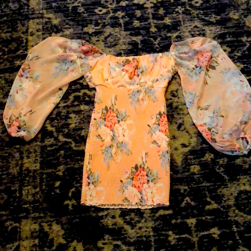 Hello Molly Peach Floral Puff Sleeve Mini Dress